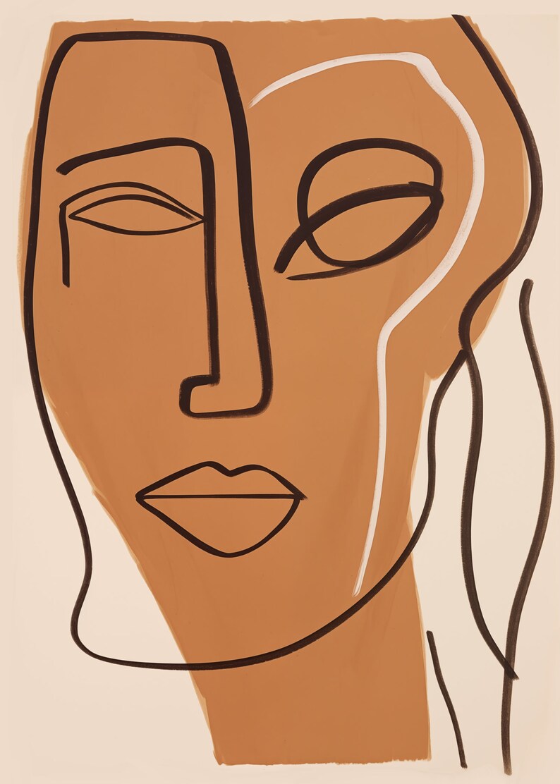 Op de afbeelding: Abstracte lijntekening van een gezicht met bruine huid, zwarte lijnen en witte accenten. Het gezicht is afgebeeld in een minimalistische stijl met de nadruk op de ogen, neus en lippen.