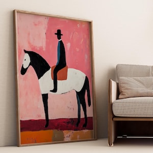 Moderner Reiter auf Pferd Digital Art Print - Abstrakte Cowboy-Wandkunst in kräftigen Farben - Einzigartiges minimalistisches Dekor für zeitgenössische Räume