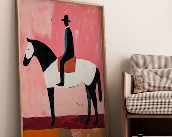 Impresión de arte mural abstracto de caballo vaquero, decoración minimalista moderna del oeste, póster inspirado en mediados de siglo, descarga digital