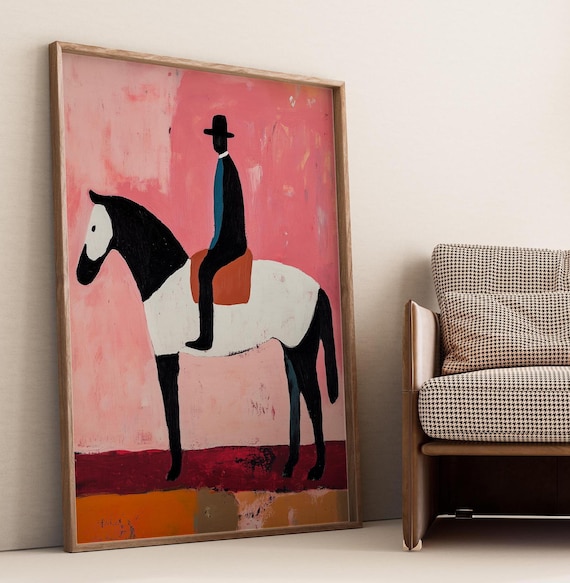 Abstract Cowboy Horse Wall Art Print, Modern Minimalist Western Decor, Bold Mid Century Inspired Poster, Digital Download
