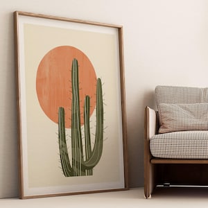 Minimalistischer Kaktus Sonnenuntergang Kunstdruck - Boho Wüste Vibes Digitale Kunstwerke, moderne Natur Wanddekoration, druckbare südwestliche Hauskunst