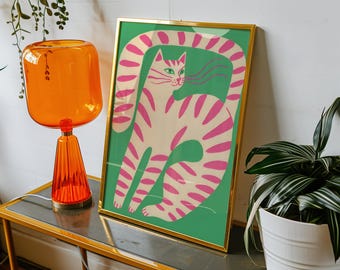 ピンクのストライプ模様の猫のウォールアートプリント、気まぐれな子猫