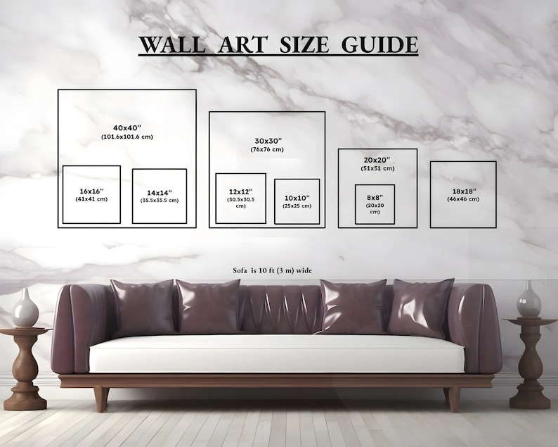 May include: A wall art size guide with dimensions in inches and centimeters. The guide displays various square sizes, including 40x40 inches (101.6x101.6 cm) down to 8x8 inches (20x20 cm). A sofa, approximately 10 feet (3 m) wide, is shown below.