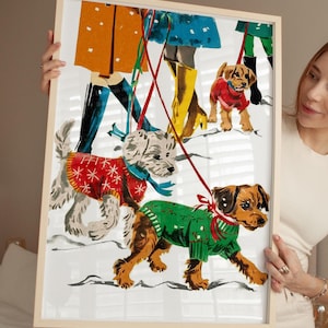 Vintage Christmas Dog Digital Print, Winter Puppy Art, Cute Holiday Wall Art, Retro Dog Lovers Decor, Mid Century Printable