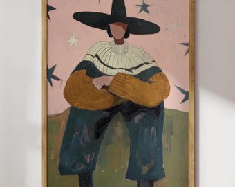 May include: Abstract painting in a wooden frame. The artwork depicts a figure wearing a large black hat, a striped sweater, and mustard-colored sleeves. The background is pink with star shapes, and the figure is seated on a green surface.