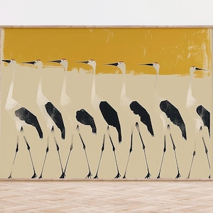 Lámina artística horizontal de grullas: ilustración moderna de aves, arte mural minimalista en amarillo y beige, descarga digital, varios tamaños, decoración del hogar