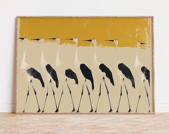 Cranes Horizontal Art Print - Modern Bird Illustration, Minimalist Yellow and Beige Wall Art, Digital Download, Various Sizes, Home Decor
