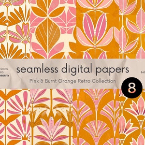 Collection d'impressions modernes rose et orange brûlé rétro Mid-Century - motifs sans couture - arrière-plan numérique - papier peint numérique - botanique des années 60