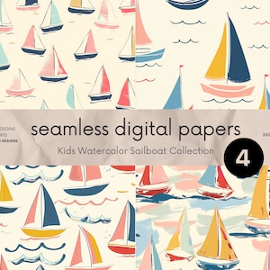 Kinder Aquarell Segelboot Wallpaper Sammlung, Nahtlose Muster, Digitaler Hintergrund, Papier-Set, Sommer Segelboot Nautik Kinderzimmer