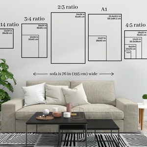 K&ouml;nnte beinhalten: Ein Diagramm, das verschiedene Seitenverh&auml;ltnisse f&uuml;r Kunstwerke zeigt, darunter 11:14, 3:4, 2:3, A1 und 4:5. Das Diagramm zeigt die Abmessungen jedes Verh&auml;ltnisses in Zoll und Zentimetern. Der Text "Sofa ist 76 Zoll (193 cm) breit" steht unter dem Diagramm.