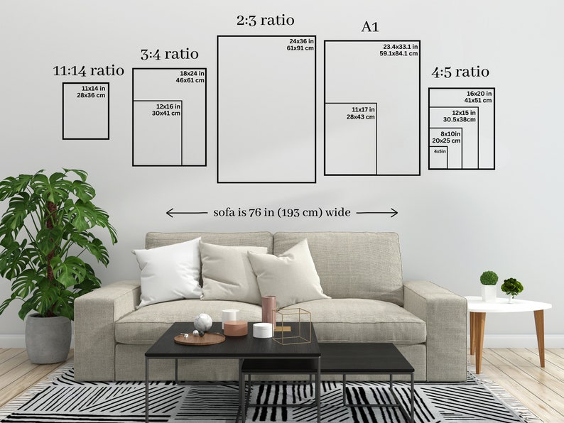 K&ouml;nnte beinhalten: Ein Diagramm, das verschiedene Seitenverh&auml;ltnisse f&uuml;r Kunstwerke zeigt, darunter 11:14, 3:4, 2:3, A1 und 4:5. Das Diagramm zeigt die Abmessungen jedes Verh&auml;ltnisses in Zoll und Zentimetern. Der Text "Sofa ist 76 Zoll (193 cm) breit" steht unter dem Diagramm.