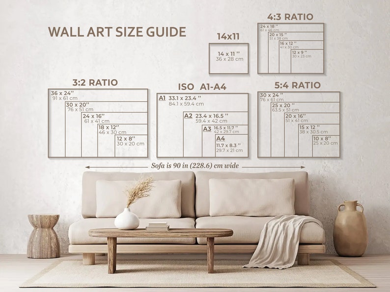May include: A wall art size guide with various aspect ratios and dimensions in inches and centimeters. The guide includes sizes for 3:2, ISO A1-A4, 4:3, and 5:4 ratios. A sofa, 90 inches wide, is shown below the guide.
