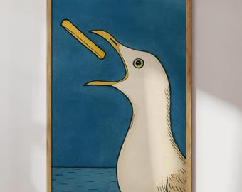 Funny Seagull Print: French Fry Thief - Coastal Beach House Art (Digital Download)