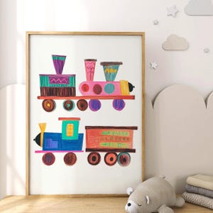 May include: A framed print featuring colorful, childlike drawings of two toy trains. The trains are rendered in bright hues of pink, blue, green, and orange, with brown wheels. The artwork has a whimsical, playful aesthetic, suitable for a child's room.