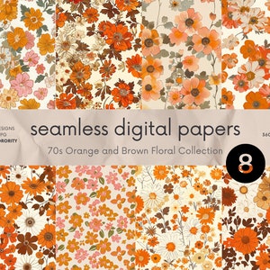 60s/70s Orange and Brown Floral Digital Papers - Seamless Patterns - Digital Background - Wallpaper - Paper Set - Groovy Print Pattern