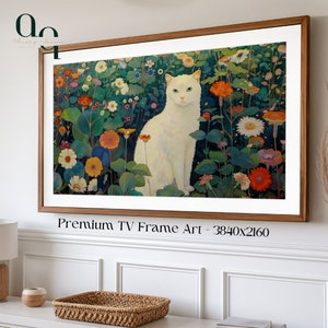 May include: A white cat with green eyes sits in a field of colourful flowers. The cat is surrounded by a variety of flowers, including red, orange, yellow, pink, and white. The background is a lush green field. "Premium TV Frame Art - 3840x2160" is printed below the image.
