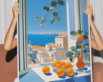 Citrus Balcony Art Print: Mediterranean Seaside View (Digital Download)