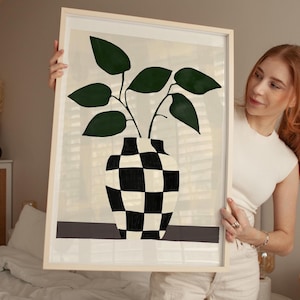 Impresión artística de planta en jarrón a cuadros, póster botánico gráfico en blanco y negro, descarga digital moderna para cocina, entrada o pared de galería.
