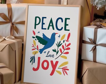Peace Love Joy Holiday Print: Festive Blue Bird Christmas Decor (Digital Download)