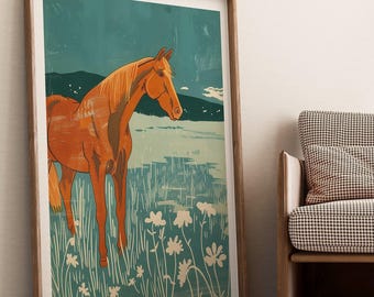 May include: A framed illustration of a brown horse standing in a field of white flowers. The background is a blue-green color with a mountain range in the distance.
