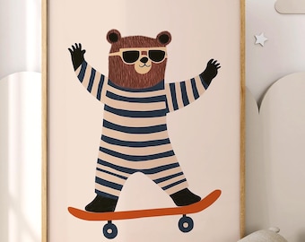 Skater Bear Nursery Art Print | Playful Kid’s Room Decor | Digital Download Wall Art | Cute Animal Illustration for Baby & Toddler Rooms