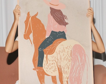 Lámina artística de vaquera y caballo: Decoración minimalista del oeste (descarga digital)