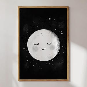Entzückende Mond Digital Art Print - Moderne Kinderzimmer Wandkunst, Minimalistische Kinderzimmer Dekor, Monochrome Sternennacht Illustration, Digital Download