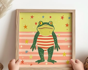 Frog in Stripes Art Print: Whimsical Nursery Decor (Digital Download)