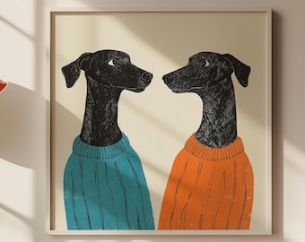 Windhund Hund Kunstdruck, Wunderliche Haustier Illustration, Moderne Hunde Wandkunst, Verspieltes Tier Poster für Kinderzimmer oder Kinderzimmer, digitaler Download