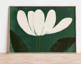Minimalist White Flower Art Print, Mid Century Modern Botanical Wall Art, Japandi Neutral Floral Poster, Digital Download Home Decor