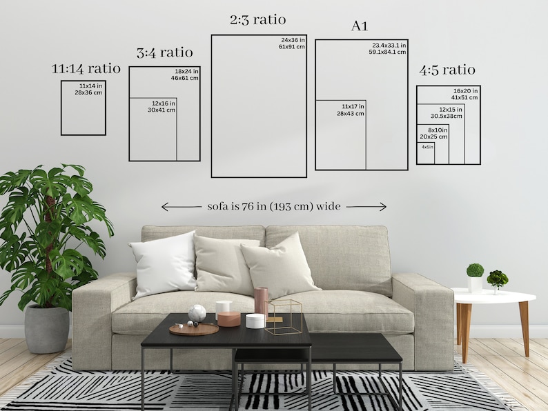 Op de afbeelding: Een diagram dat verschillende beeldverhoudingen voor kunstwerken laat zien, waaronder 11:14, 3:4, 2:3, A1 en 4:5. Het diagram toont de afmetingen van elke verhouding in inches en centimeters. De tekst "bank is 76 inch (193 cm) breed" staat onder het diagram.