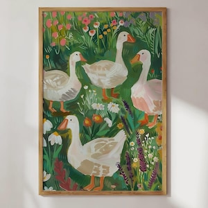 May include: A painting of four white geese in a field of green grass and colorful flowers. The geese are facing different directions and have orange beaks and feet.