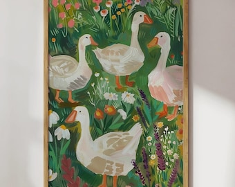 Whimsical Farmhouse Duck Art Print, Spring Floral Geese Painting, Colorful Nursery Art, Watercolor Animal Illustration, Digital Download