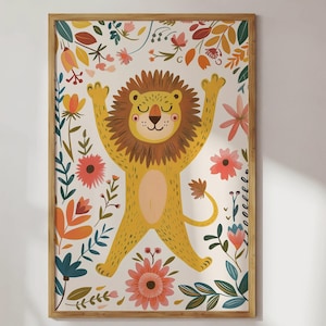Lámina artística de león y flores: Decoración infantil divertida (descarga digital)