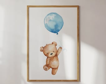 May include: A watercolor illustration of a brown teddy bear holding a blue balloon. The bear is wearing a light blue ribbon around its neck. The balloon is tied to the bear's paw.