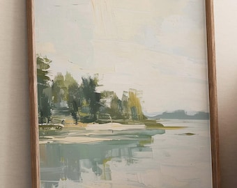 Serene Westcoast Morning - Abstract Nature Landscape Digital Art Print, Modern Minimalist Home Decor, Tranquil Lake View Wall Art, Landscape