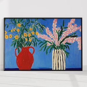 May include: A painting of two vases with flowers. The vase on the left is red and holds yellow flowers. The vase on the right is striped black and white and holds pink flowers. The background is a bright blue.
