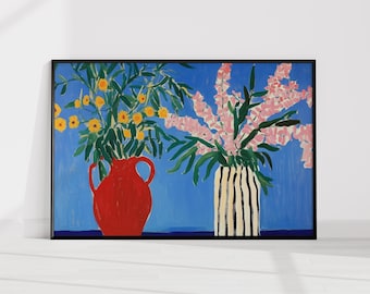 Bold Floral Still Life Print – Modern Matisse-Inspired Vase Art, Colourful Wall Decor, Pink & Yellow Flowers, Digital Download Poster
