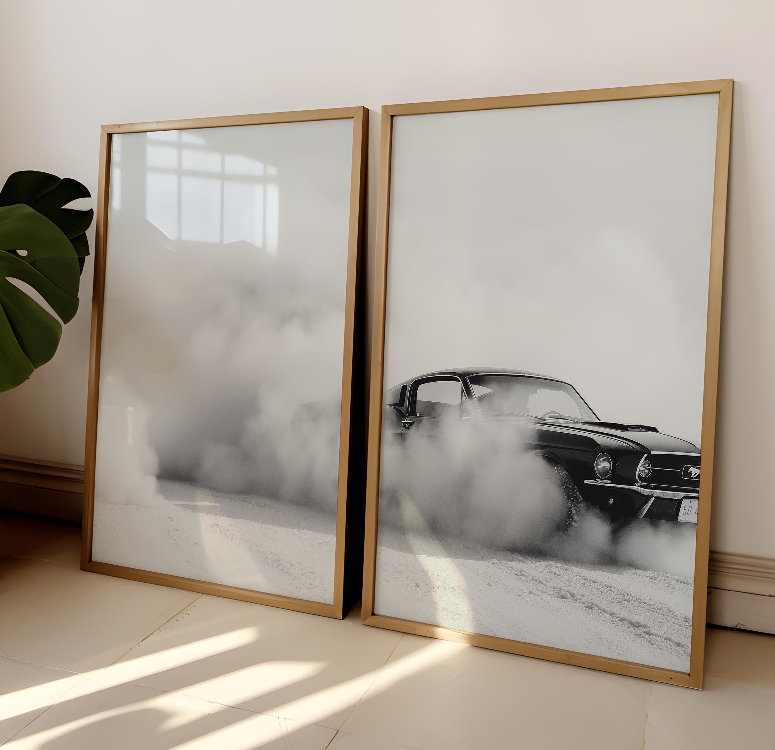 Vintage Mustang Art Print Set of Three Including Diptych, Monochrome Car Wall Art, Minimalist Auto Decor, Black and White Retro Car Art Set