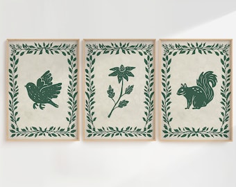 Woodland Animal Art Prints: Cottagecore Botanical Set of 3 (Digital Download)