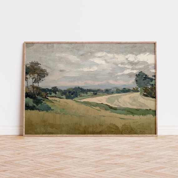 Countryside Landscape Print, Moody Sky & Wheat Fields, Vintage-Style Pastoral Painting, MCM and Folk Digital Art, Quiet Luxury Art