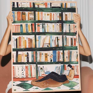 May include: A colorful illustration of a bookshelf filled with books, with a person sitting on the floor reading a book. The bookshelf is against a white wall. The person is wearing a white shirt with a brown collar and black pants.