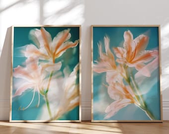 Floral Wall Art Set: Teal & Peach Botanical Prints (Digital Download)