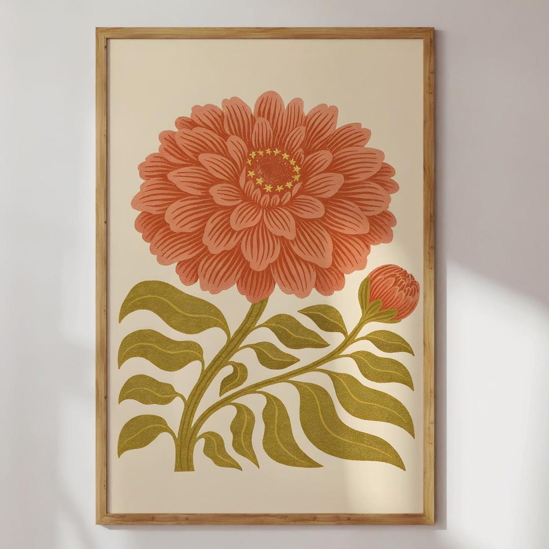 Retro Dahlia Flower Art Print, MCM Digital Botanical Wall Art, Vintage ...
