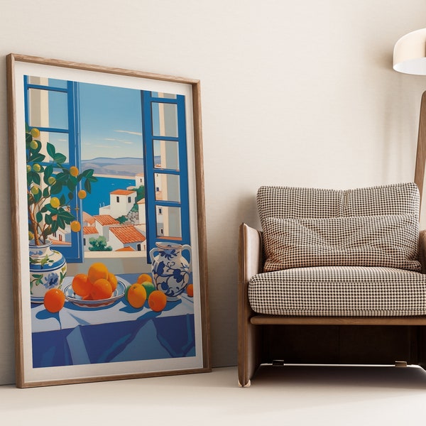 Mediterranean Seaside Citrus Print - Greek Balcony Art, Coastal Oil Painting, Sunny Ocean View Home Decor, Printable Artwork