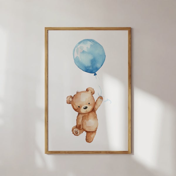 Teddy Bear & Blue Balloon Art Print - Playful Watercolor Nursery Decor, Charming Wall Art for Children's Room