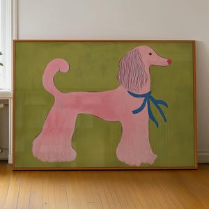 Rosa Pudel Wand Kunst Druck, skurrile Tier Illustration, Verspieltes Mid Century Modern Haustier Dekor, Bunte Farbenfrohes Digitales Download Kunstwerk