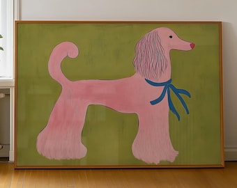 Pink Poodle Wall Art Print, Whimsical Animal Illustration, Playful Mid Century Modern Pet Decor, Colorful Digital Download Artwork