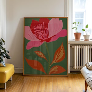 Mid Century Modern Floral Wall Art – Bold Pink and Red Digital Print for Retro Boho Decor, Instant Download for Colorful Gallery Wall