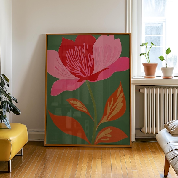 Mid Century Modern Floral Print: Retro Pink & Red Flower (Digital Download)